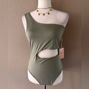 Olive Green One-Shoulder Cutout Bodysuit